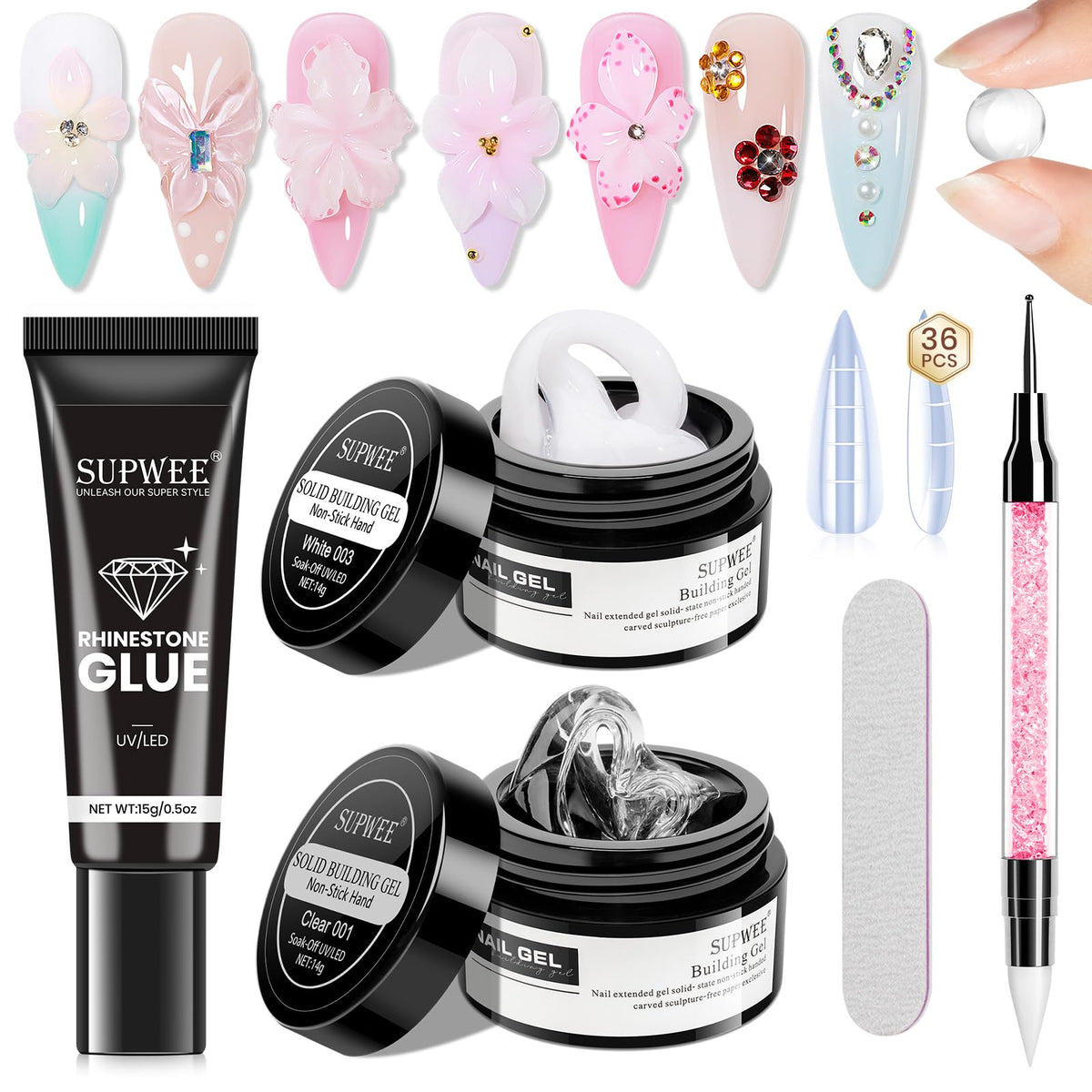 SUPWEE 3D Nail Sculpting Gel Set including clear and white builder gel