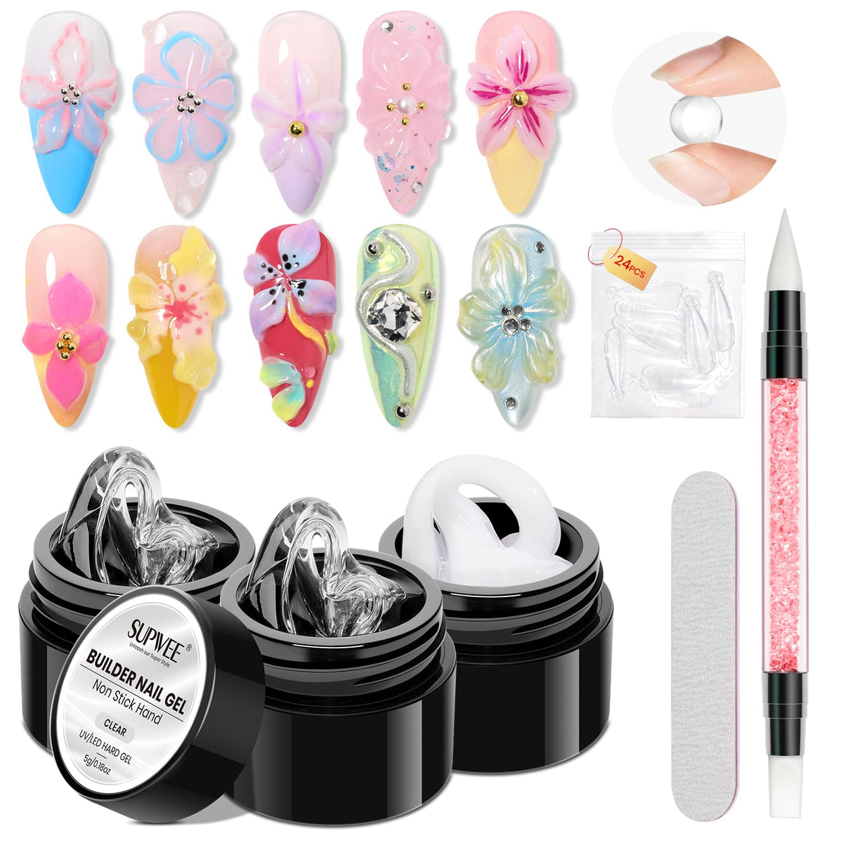 SUPWEE 3D Sculpting Gel clear and milky white tubes with nail art accessories