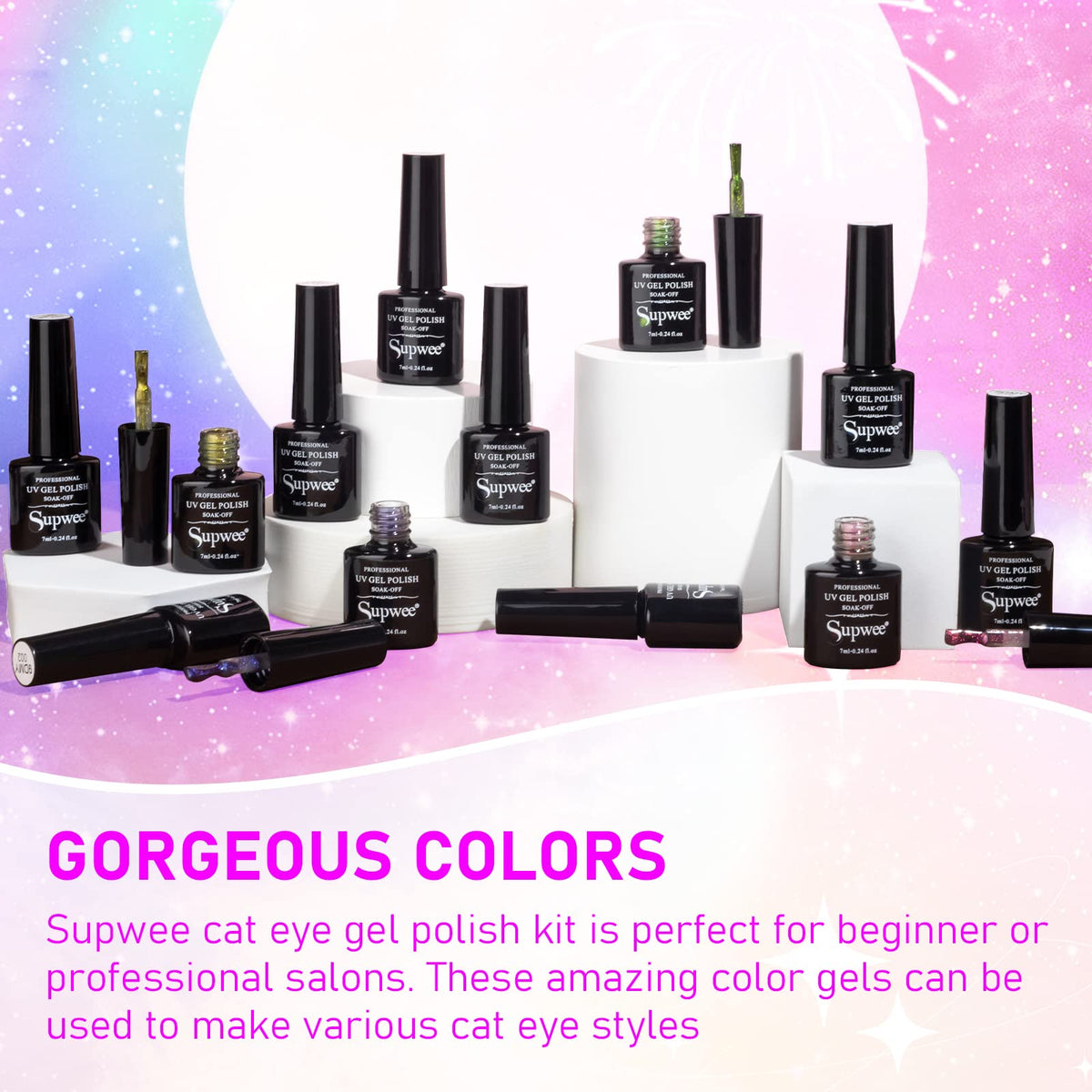 SUPWEE Cat Eye Gel Nail Polish Set displayed with accessories