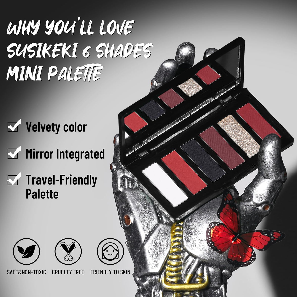 SUSIKEKI Red Eyeshadow Palette open showing 6 colors