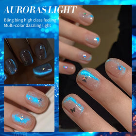 Swatch of Born Pretty Blue Aurora Cat Magnetic Eye Gel Nail Polish on nails