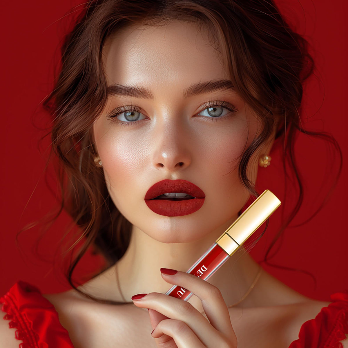 Swatch of Depuplum red lipstick on skin