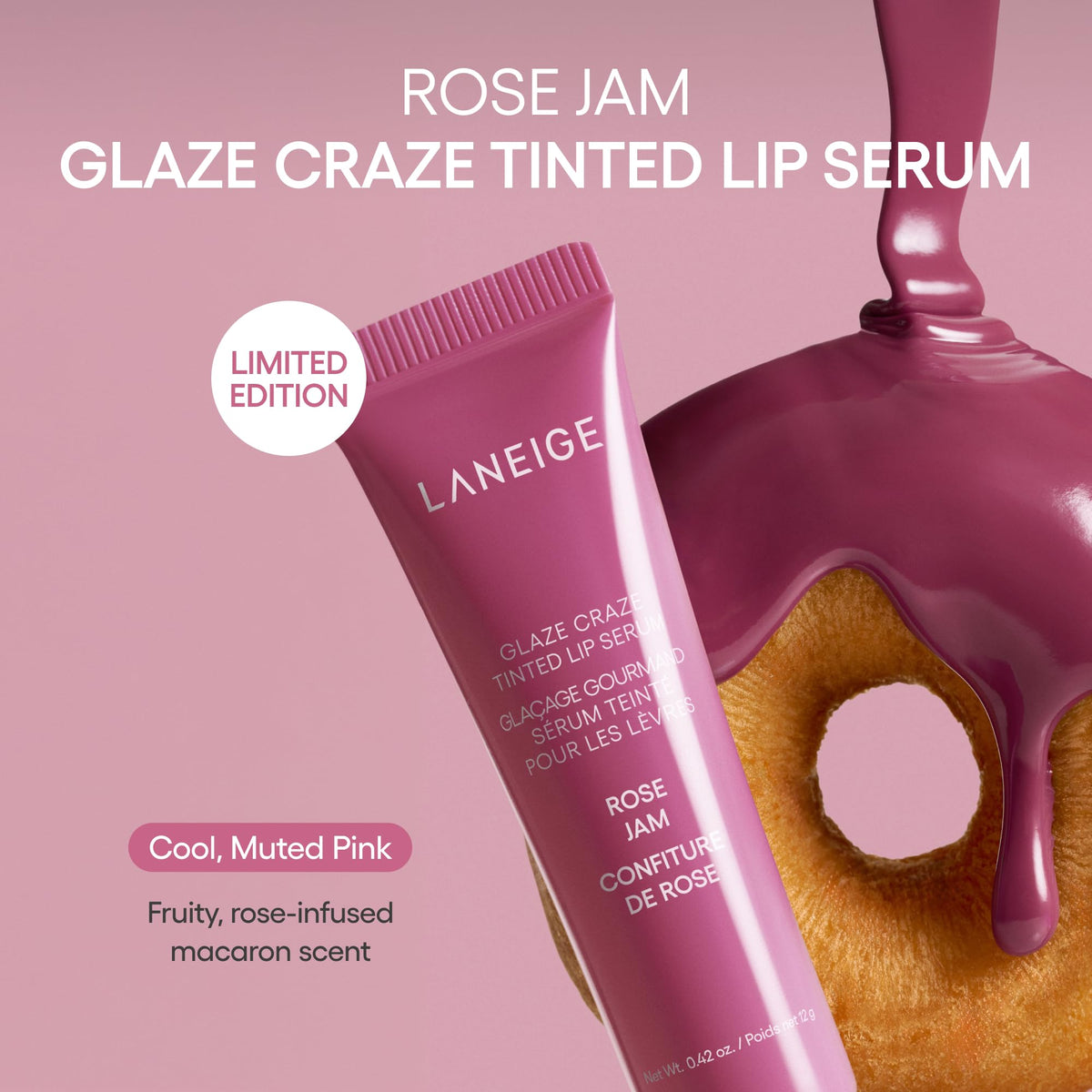 Swatch of LANEIGE Glaze Craze Tinted Lip Serum Rose Jam on skin