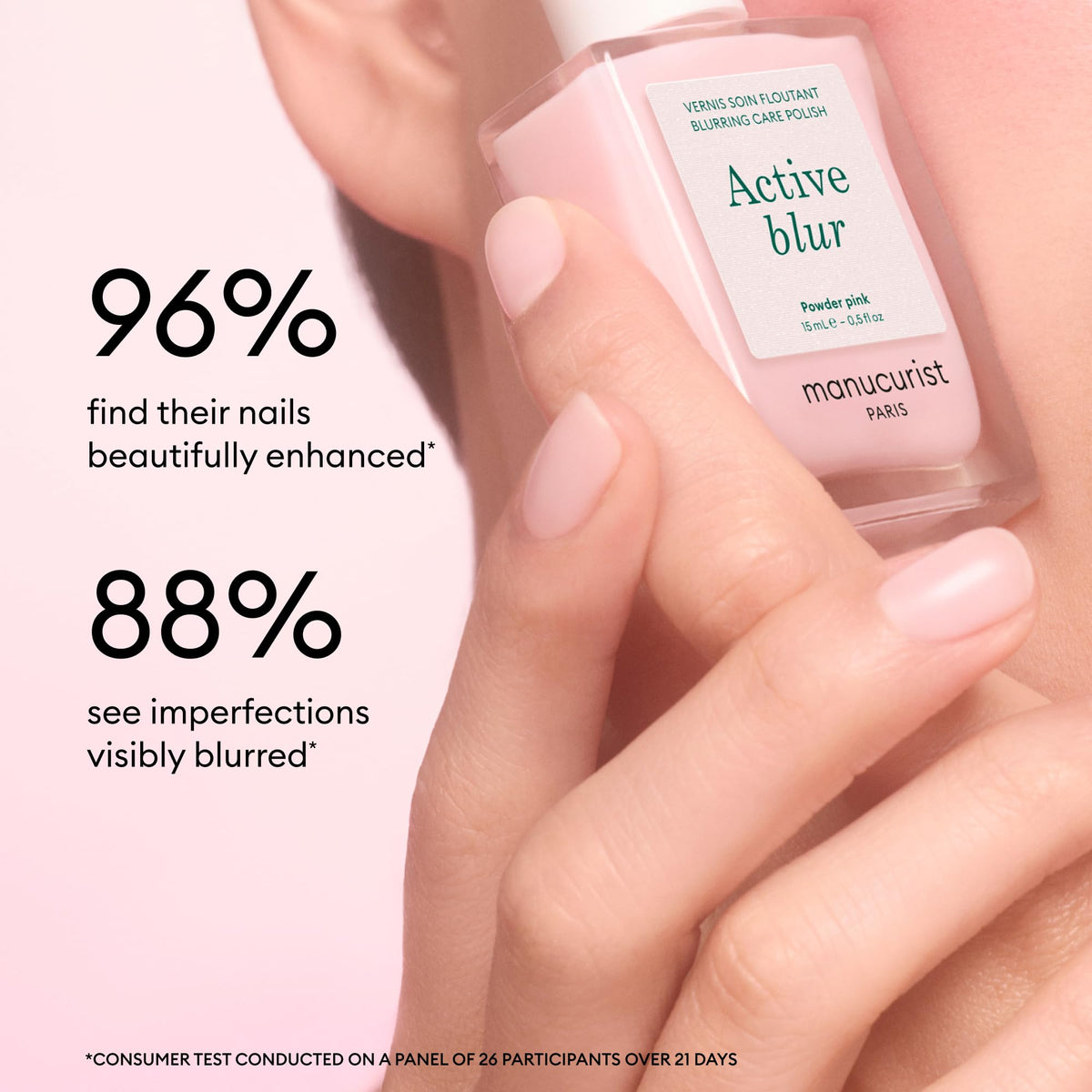 Swatch of Manucurist Active Blur Powder Pink Nail Polish on nails