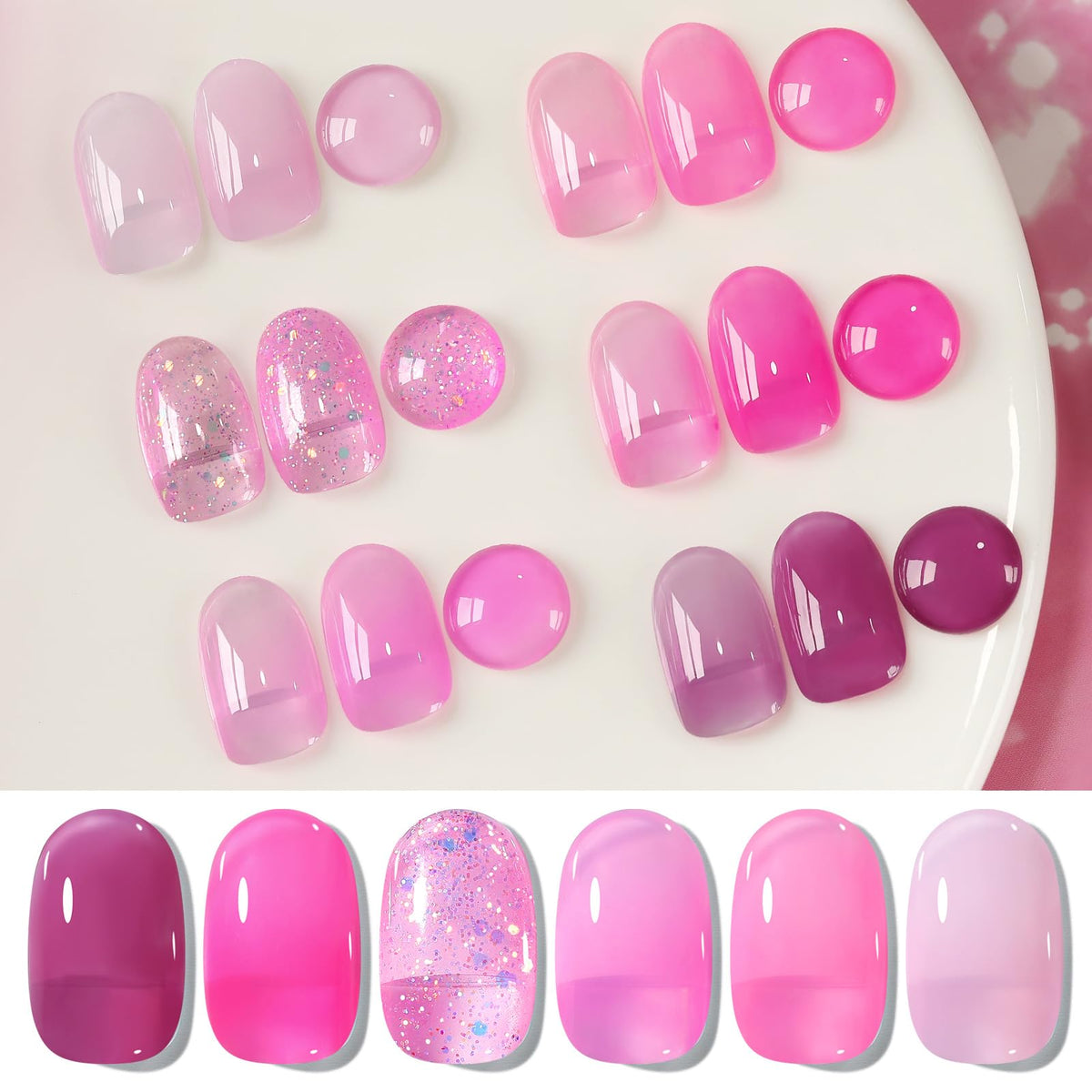 Swatch of milky jelly pink gel nail polish on nails