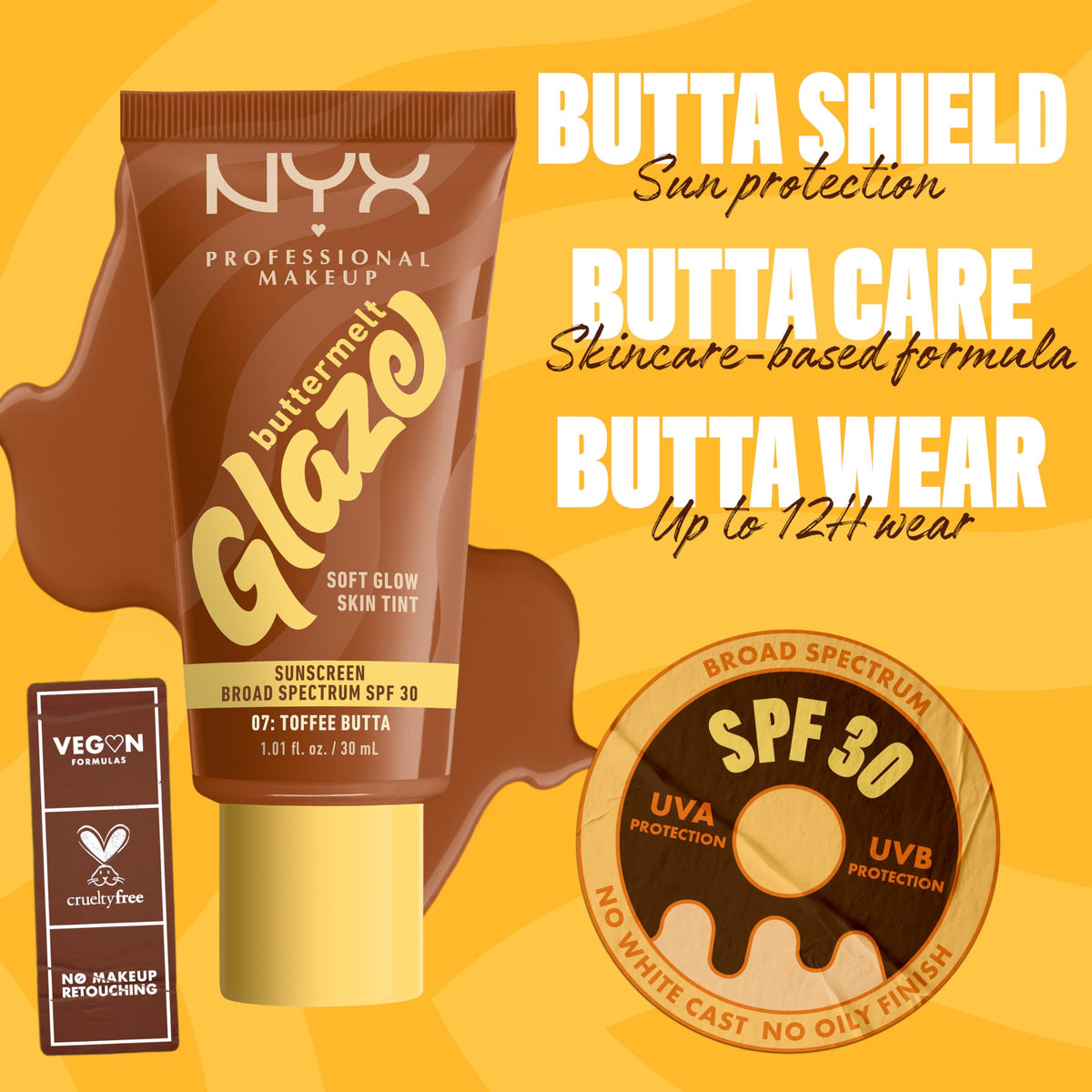 Swatch of NYX Buttermelt Glaze Skin Tint 07 Toffee Butta
