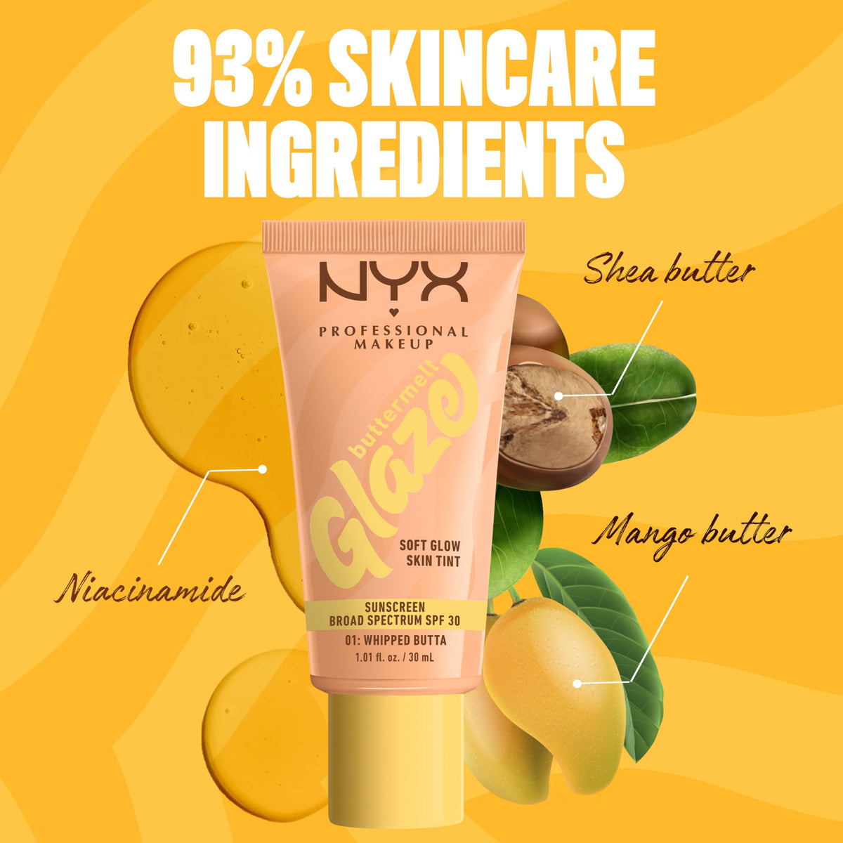 Swatch of NYX Buttermelt Glaze Soft Glow Skin Tint on skin