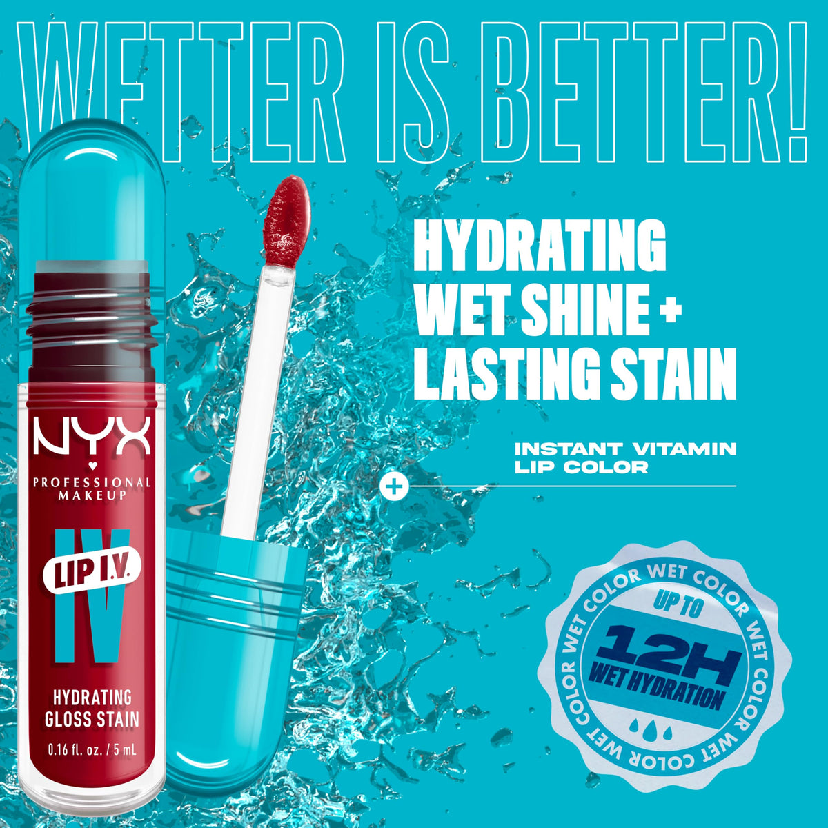 Swatch of NYX Lip IV Hydrating Glossy Lip Stain Red-y Set Wet on skin