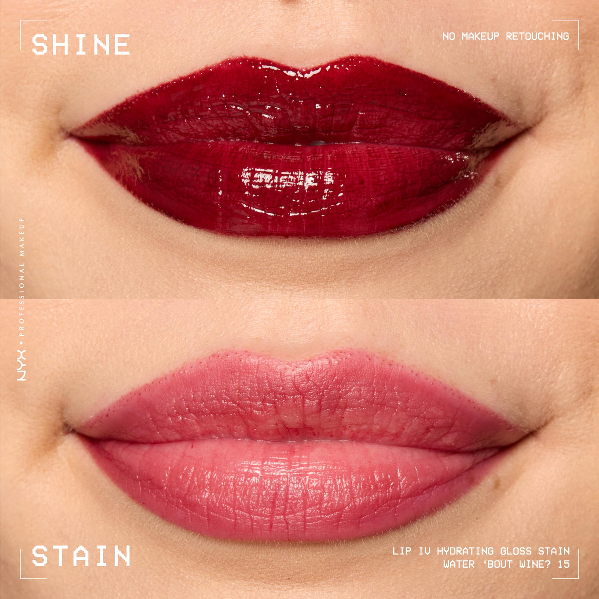 Swatch of NYX Lip IV Hydrating Glossy Lip Stain Water Bout Wine on skin