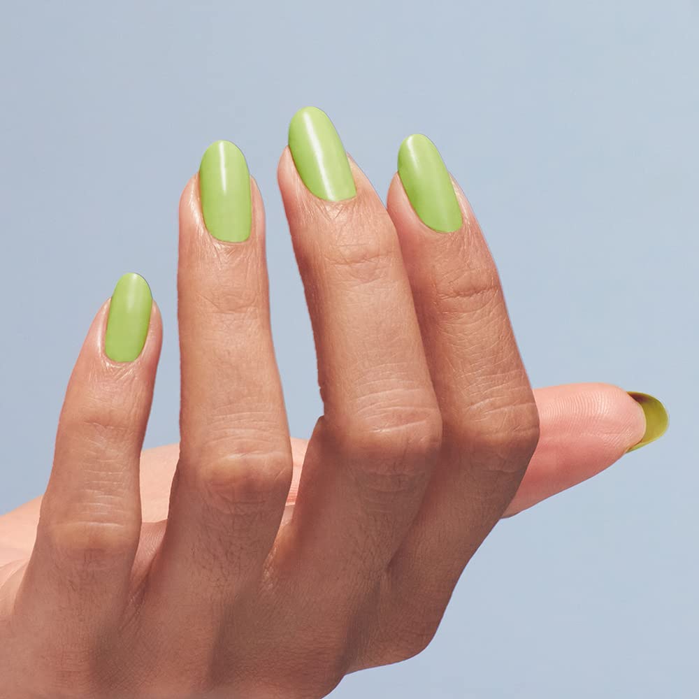 Swatch of OPI bright green nail polish on a nail