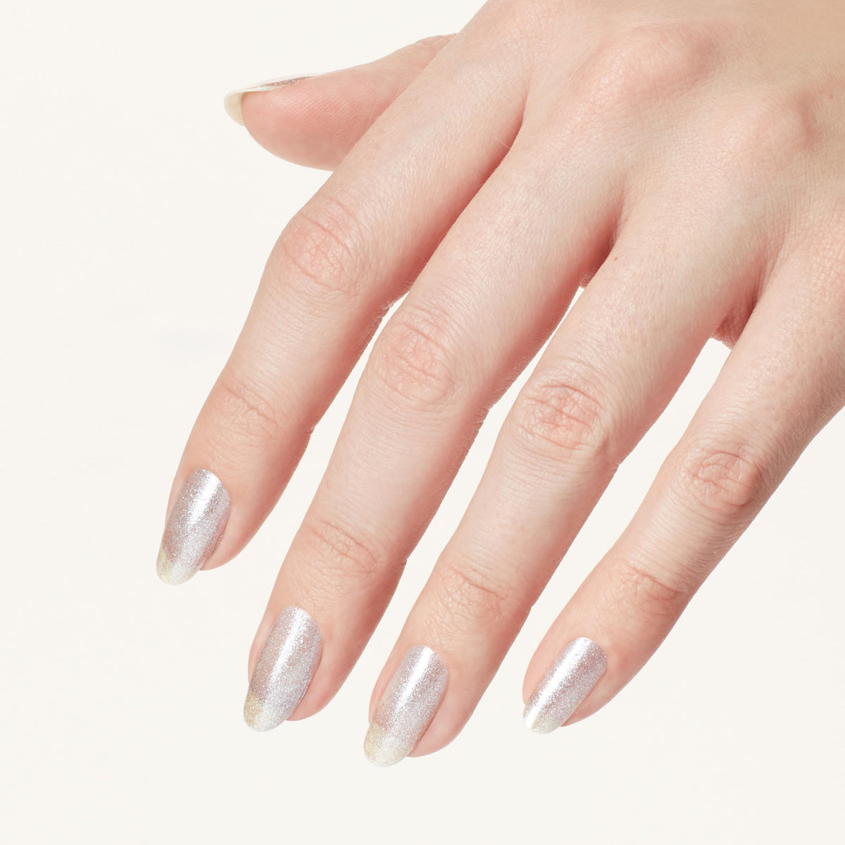 Swatch of OPI Nails the Runway gray shimmer polish on nail