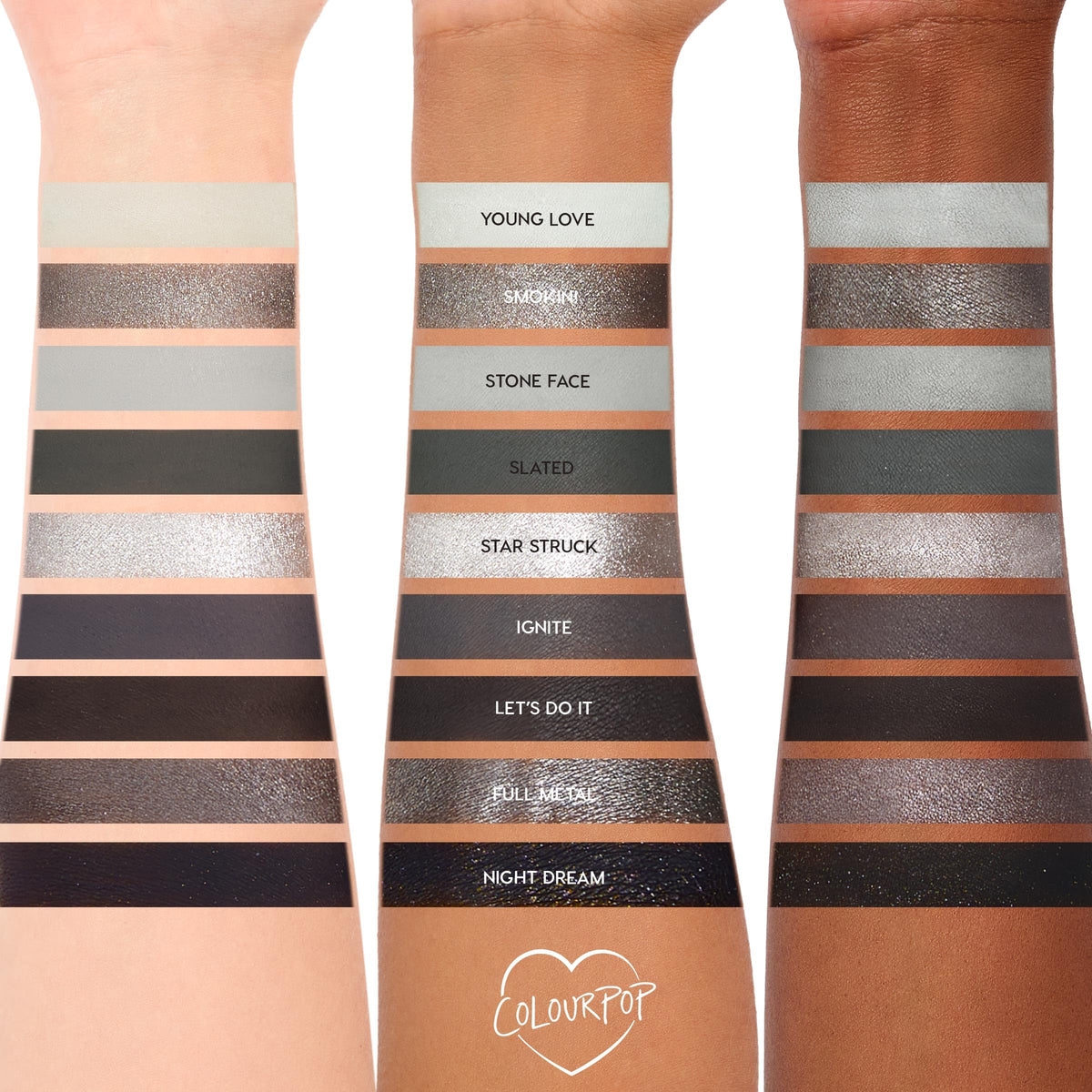 Swatches of ColourPop Blowin' Smoke matte eyeshadows