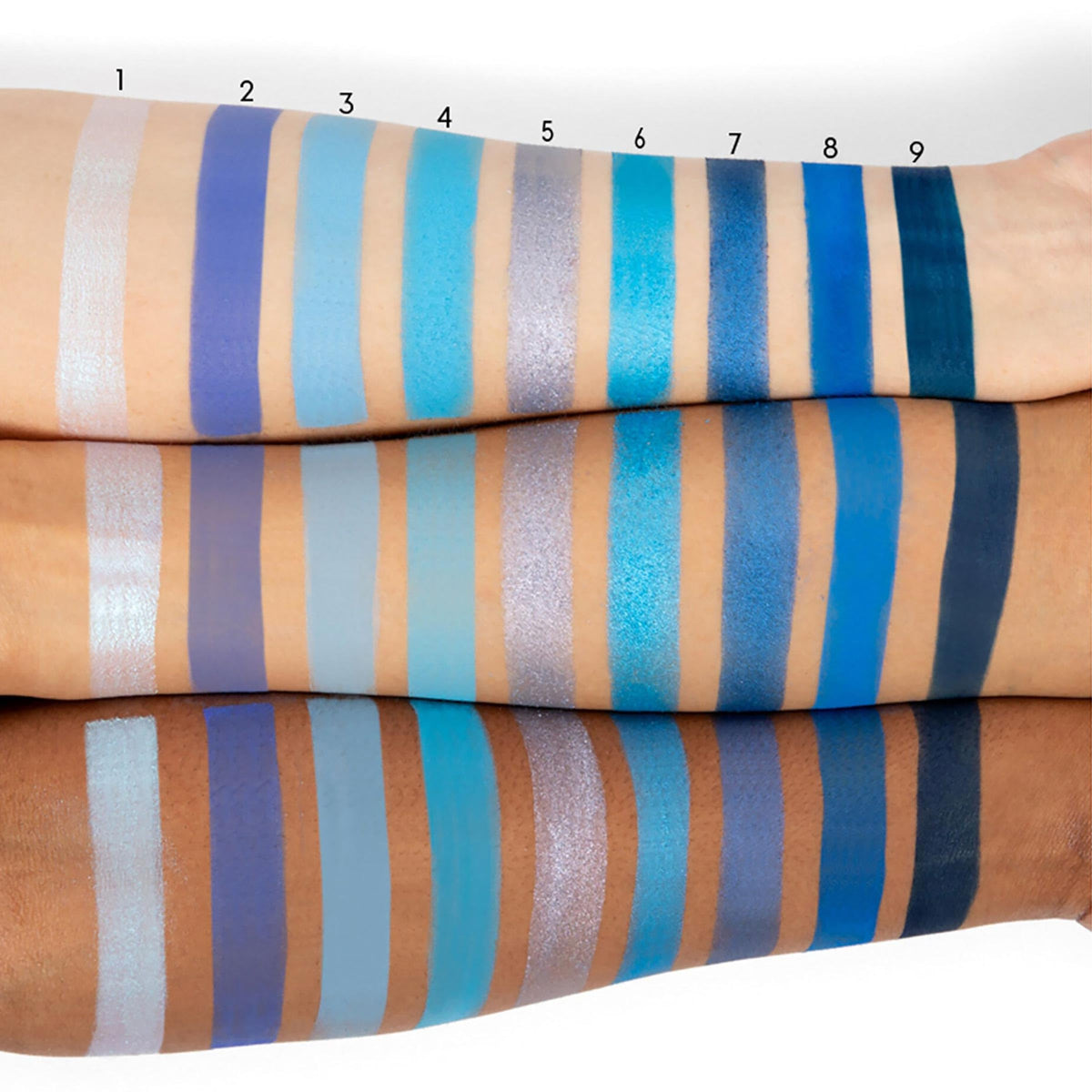 Swatches of ColourPop Blue Moon Eyeshadow shades on skin