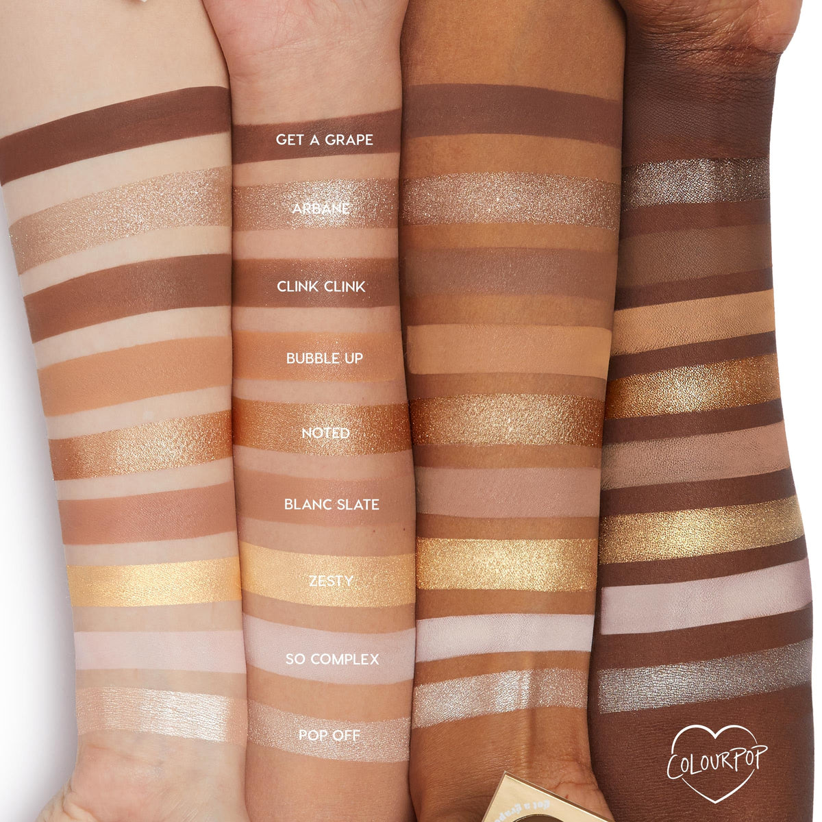 Swatches of ColourPop Feelin' Bubbly Eyeshadow Palette on skin