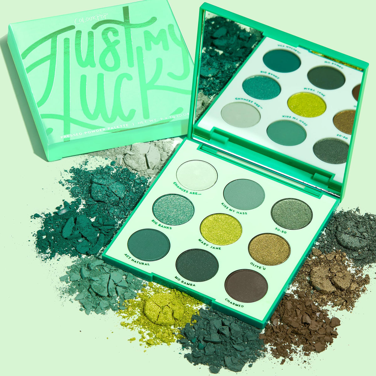 Swatches of ColourPop Just My Luck green eyeshadows on skin