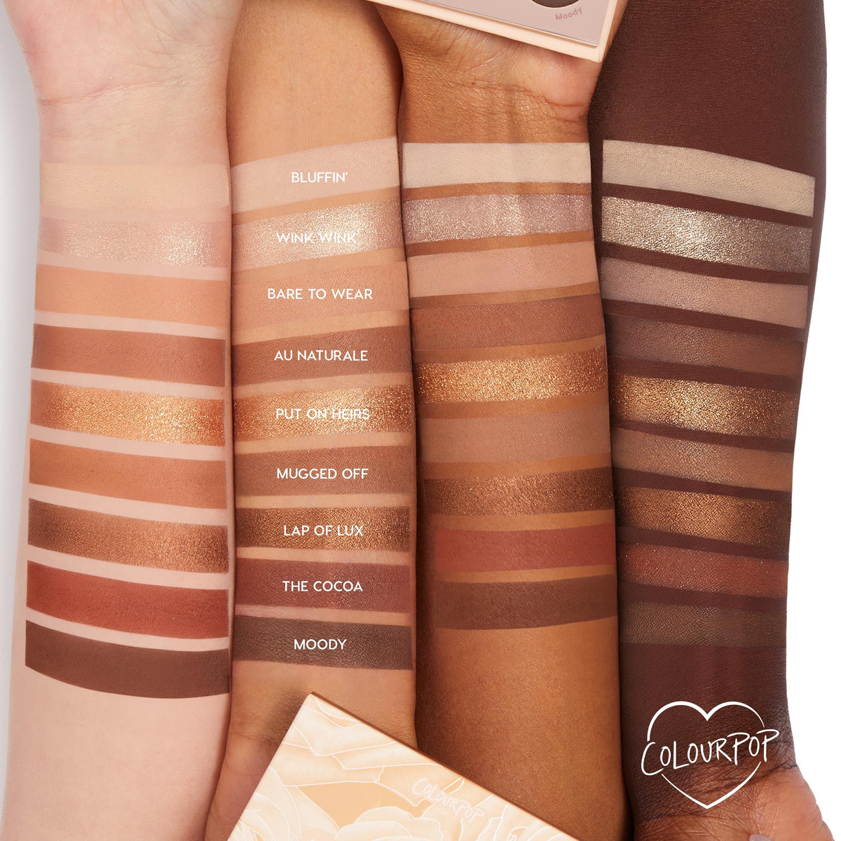 Swatches of ColourPop Nude Mood Eyeshadow Palette on skin