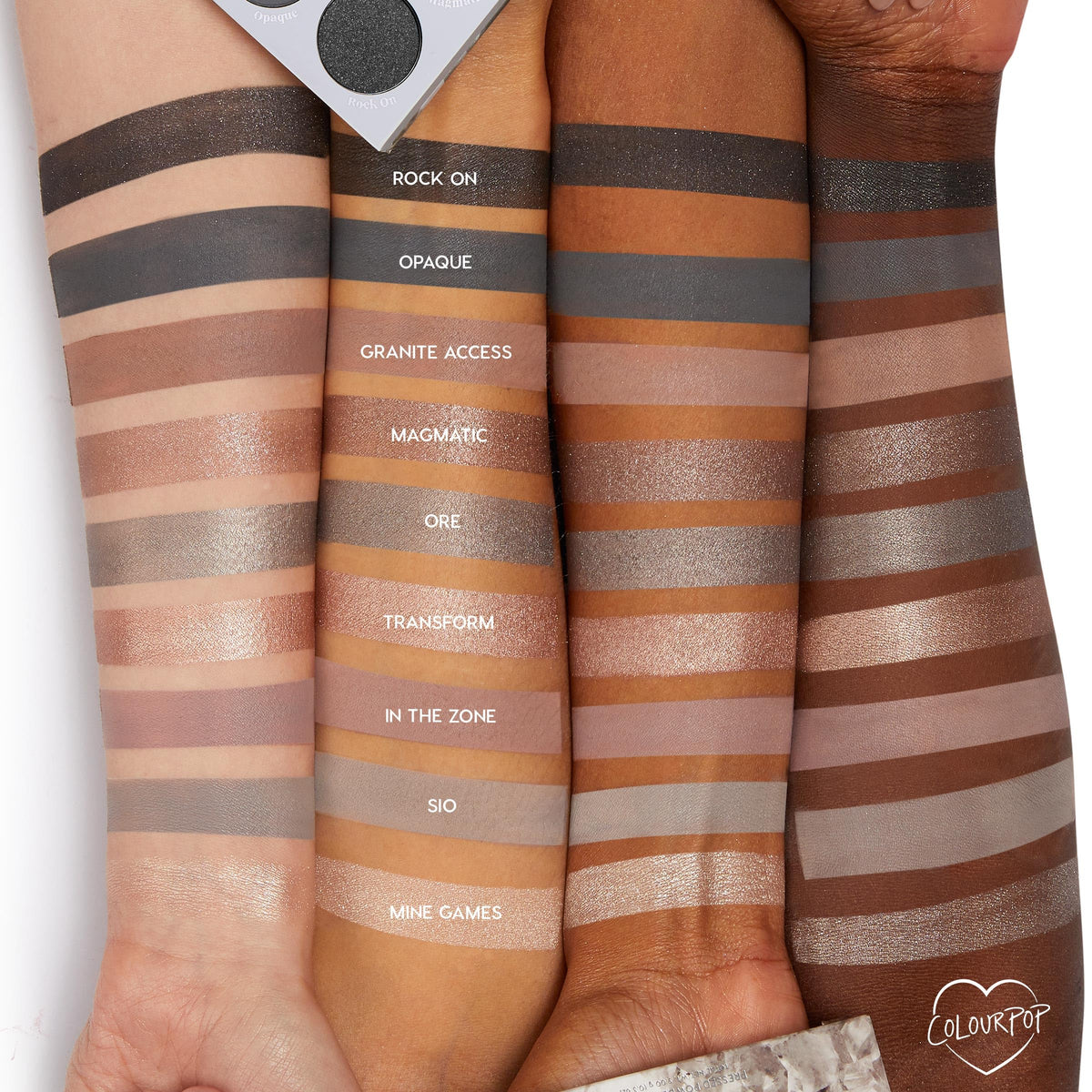 Swatches of ColourPop Of Quartz Eyeshadow Palette on skin
