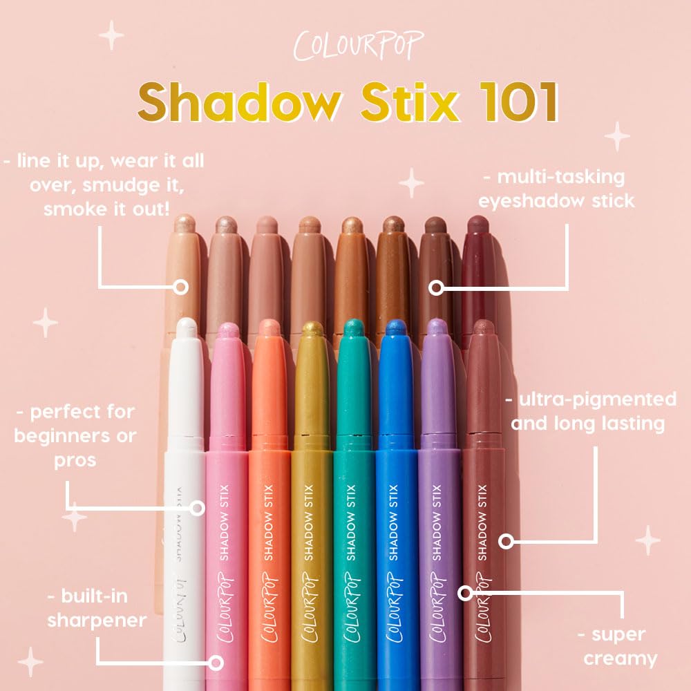 Swatches of ColourPop Shadow Stix on skin showing matte and metallic finishes