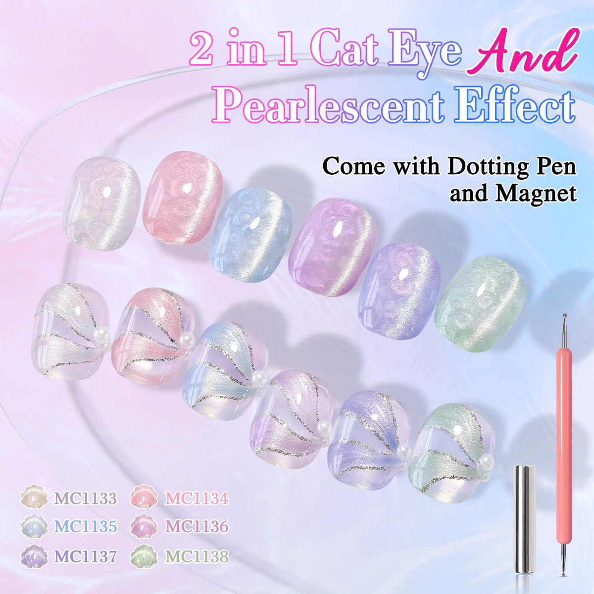 Swatches of Double Rhythm Cat Eye Gel Nail Polish in various shades