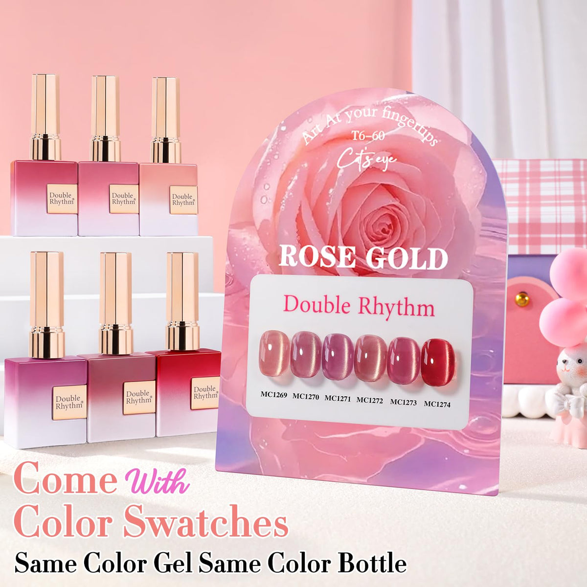 Swatches of Double Rhythm Gel Nail Polish in various shimmering colours
