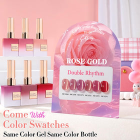 Swatches of Double Rhythm Gel Nail Polish in various shimmering colours