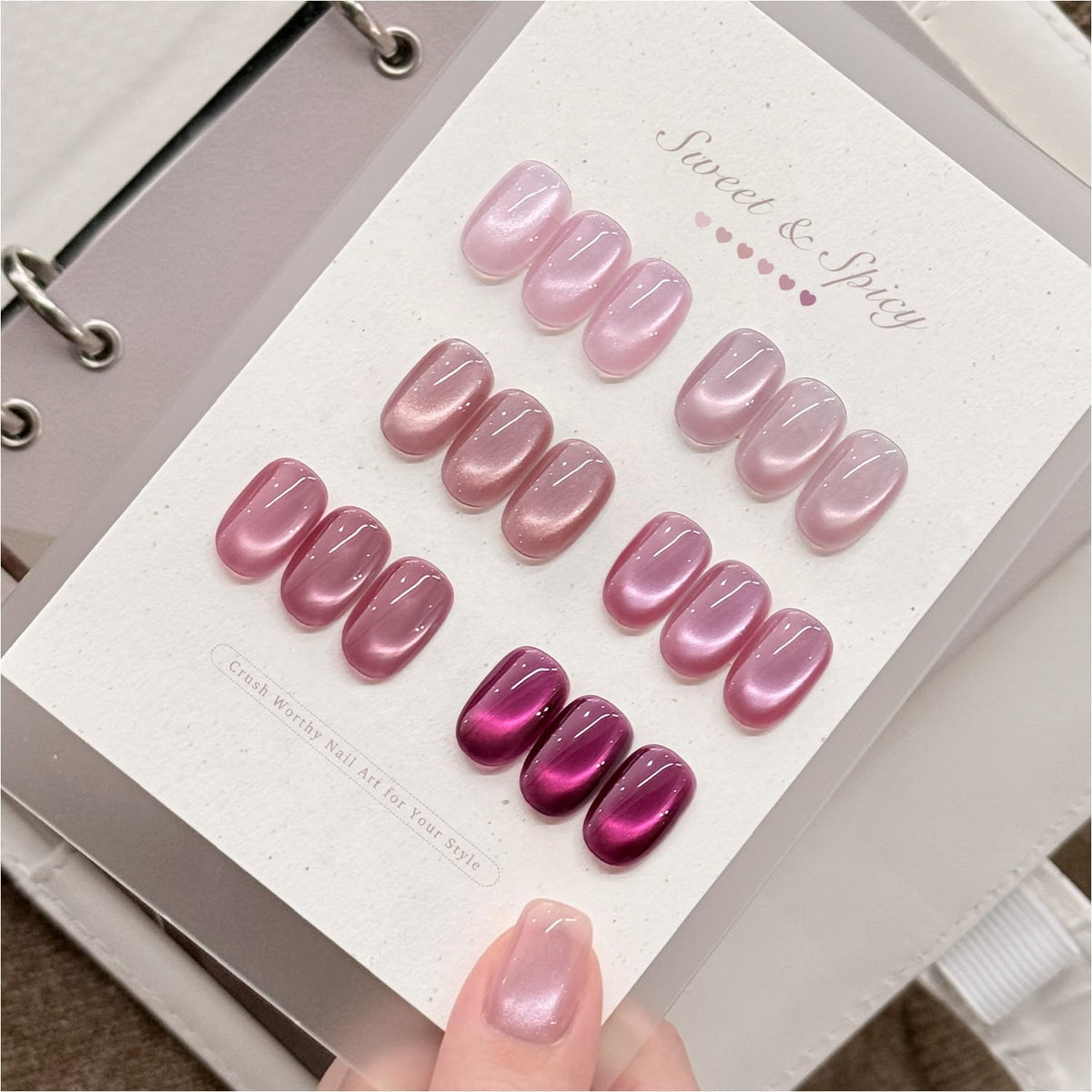 Swatches of GAOY Pink Cat Eye Gel Nail Polish colours on a palette