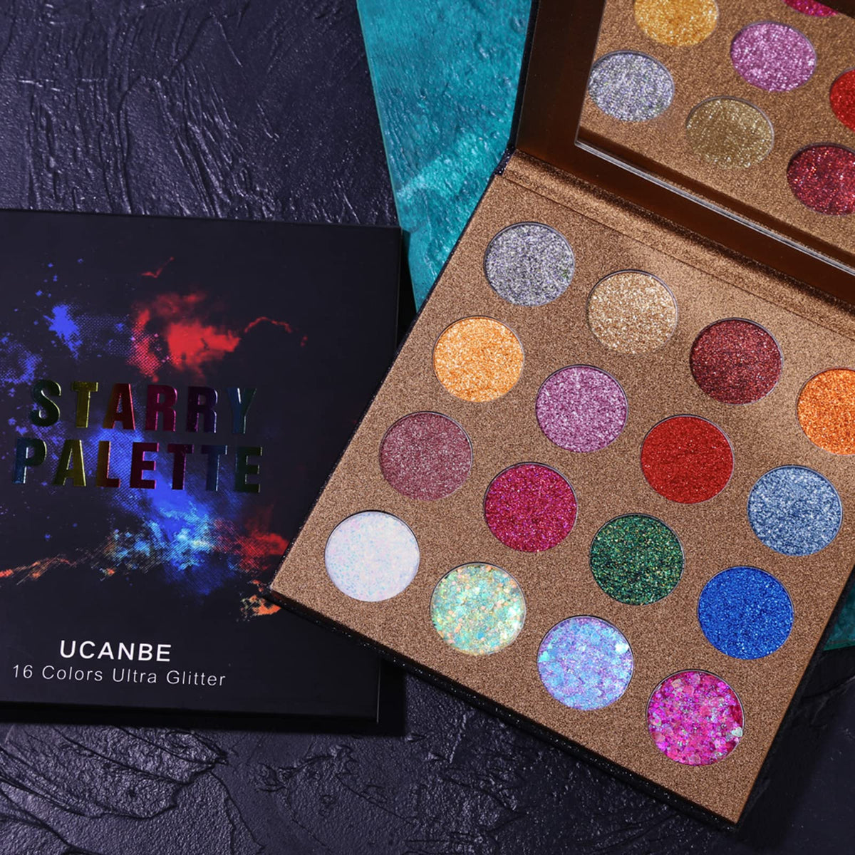 Swatches of UCANBE glitter eyeshadows on skin