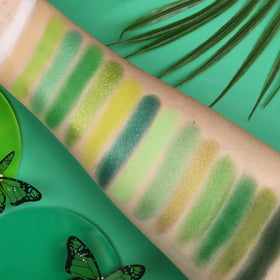 Swatches of UCANBE Green Eyeshadow Palette shades on skin