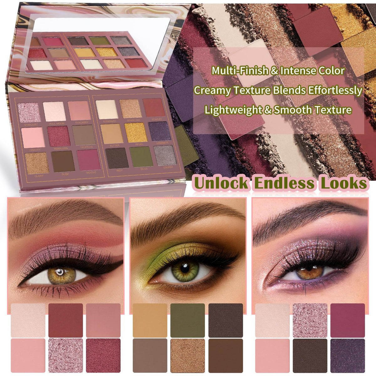 Swatches of UCANBE Matte Eyeshadow Palette colors