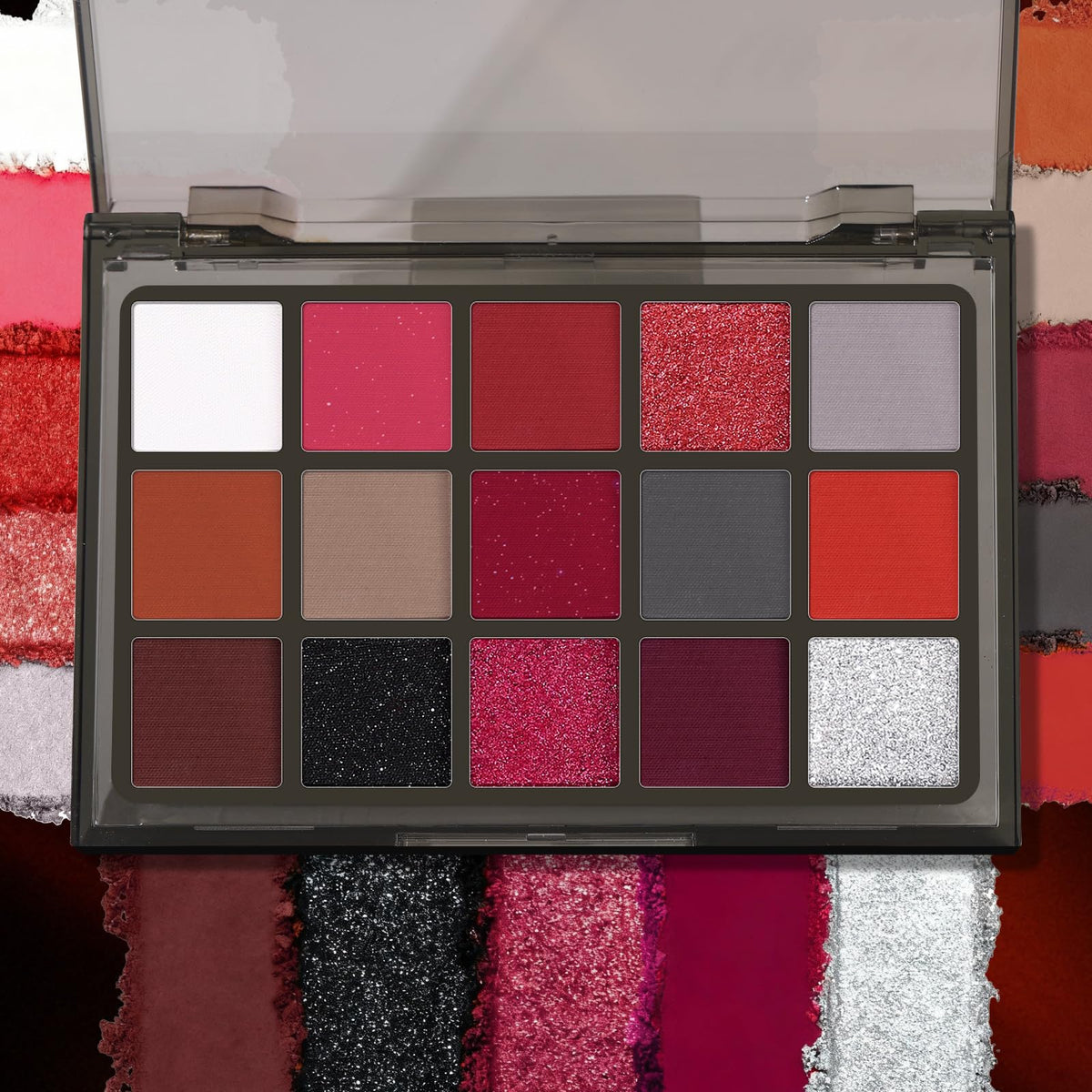 Swatches of UCANBE Red Eyeshadow Palette on skin showing pigmentation