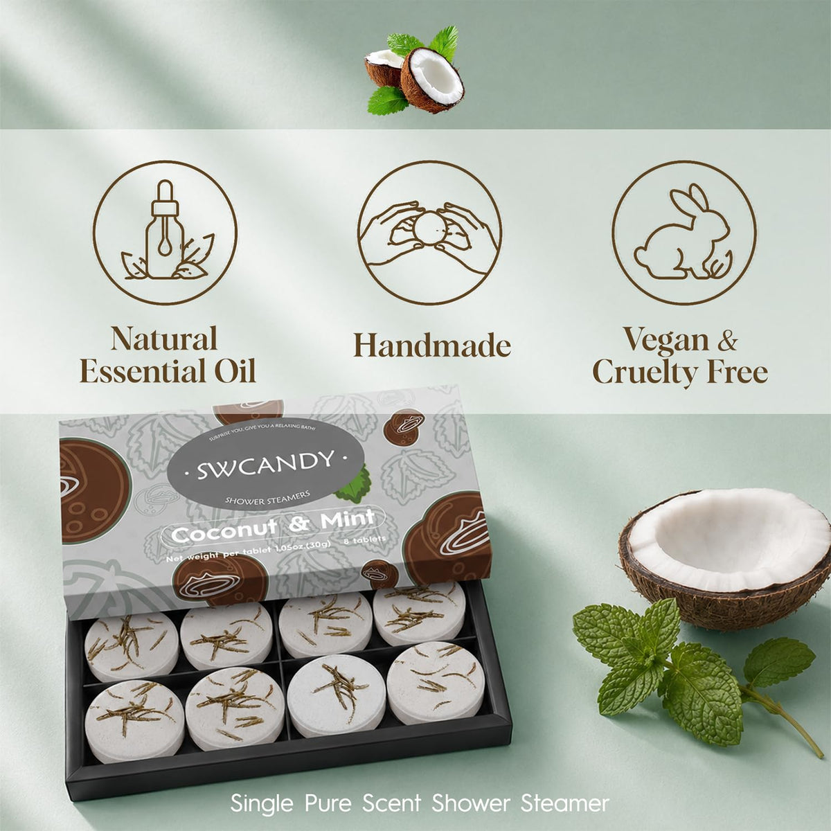 SWCANDY Coconut & Mint Shower Steamer in use during a shower