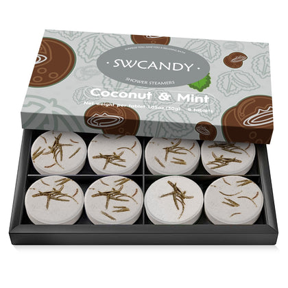 SWCANDY Coconut & Mint Shower Steamers 8 Pack front view