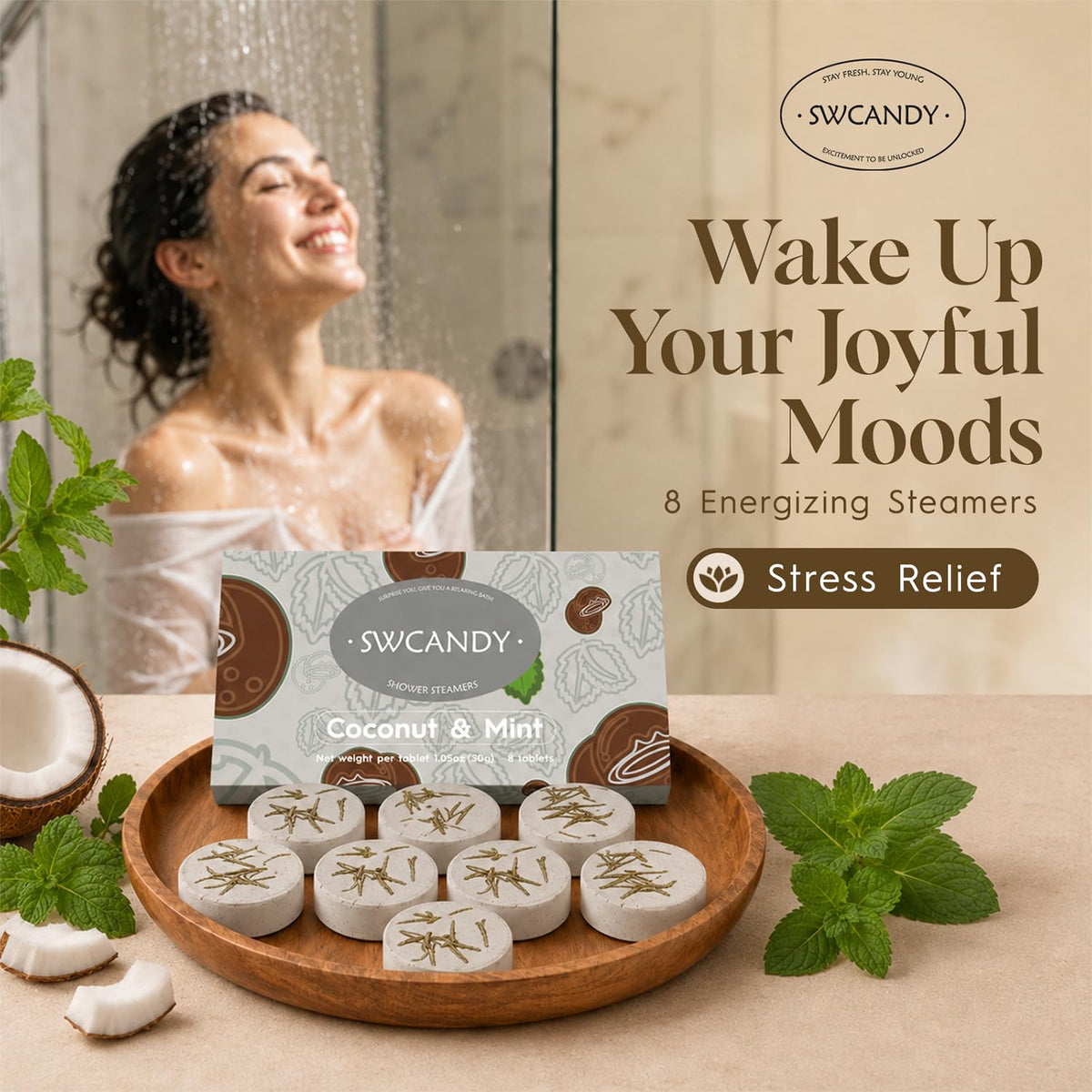 SWCANDY Coconut & Mint Shower Steamers in packaging