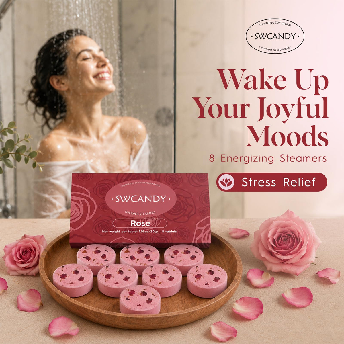 SWCANDY Rose Shower Steamers packaging with floral design