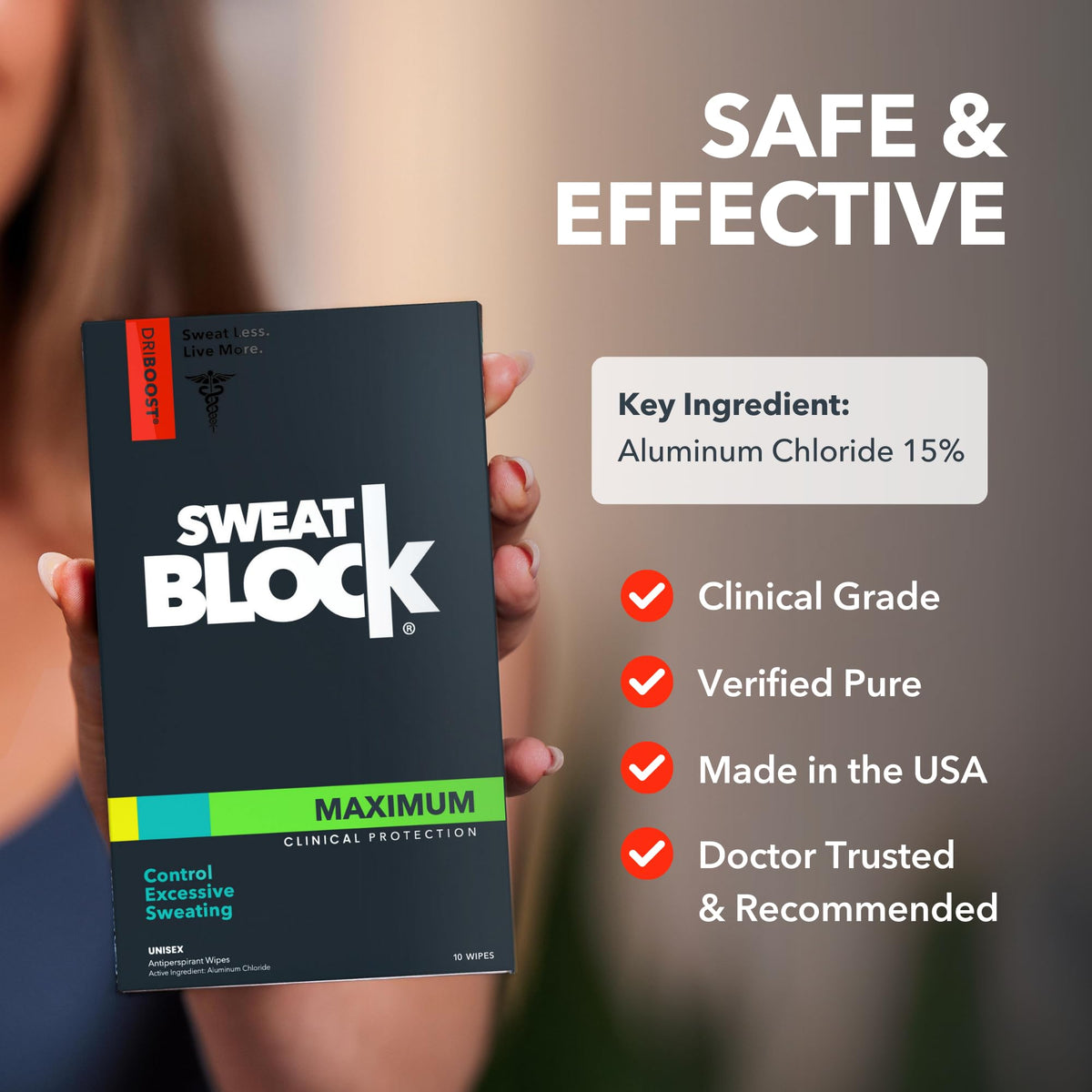 SweatBlock Antiperspirant Wipes back packaging details