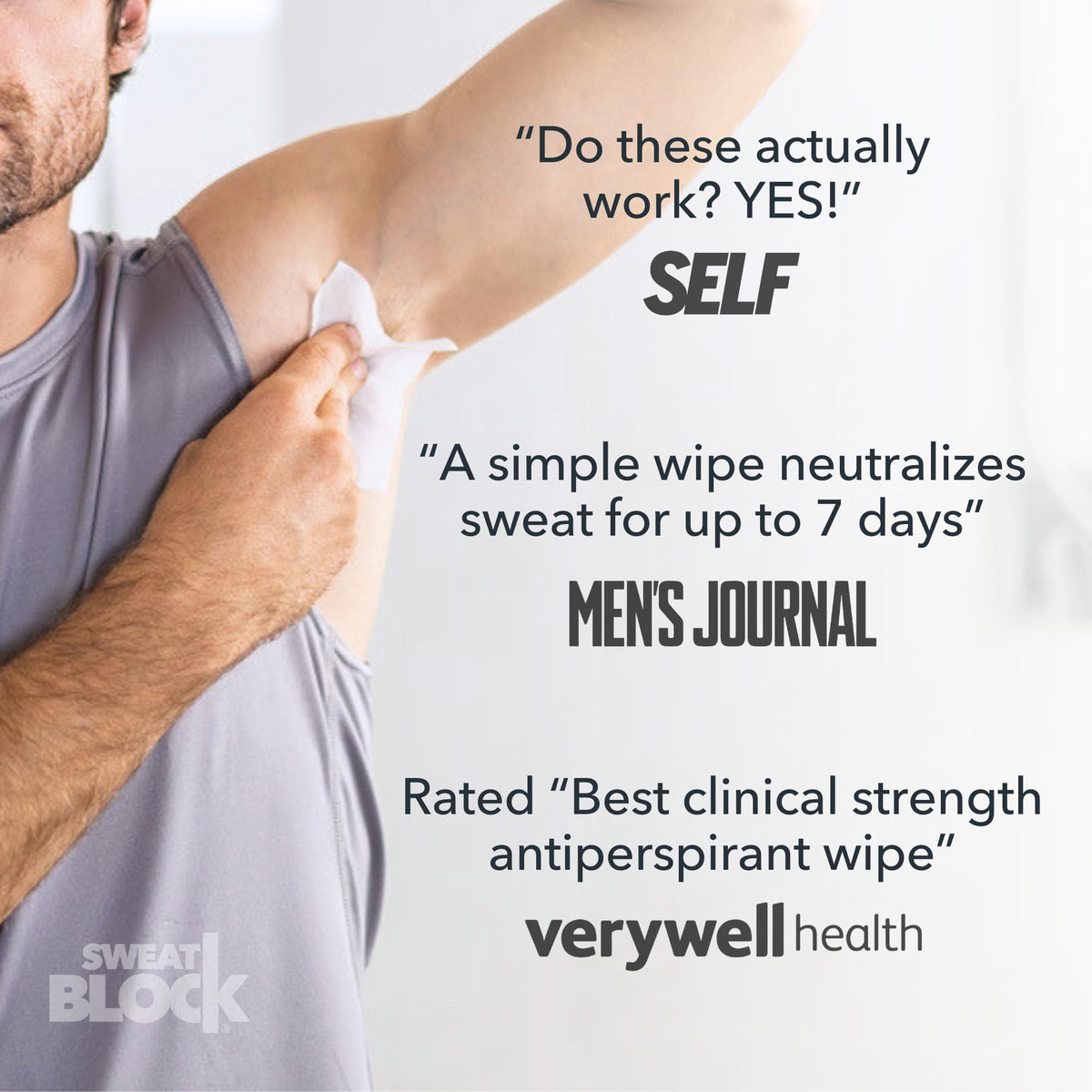 SweatBlock Antiperspirant Wipes on a bathroom counter