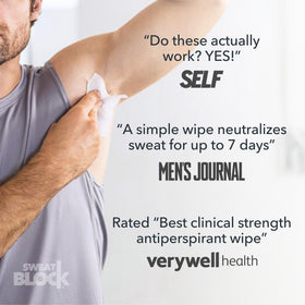 SweatBlock Antiperspirant Wipes on a bathroom counter