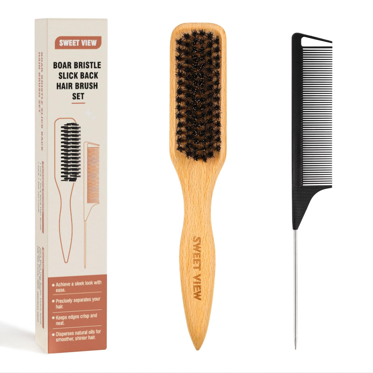 SWEET VIEW Boar Bristle Hair Brush front view with beechwood handle