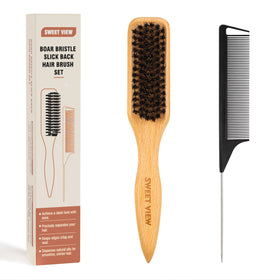 SWEET VIEW Boar Bristle Hair Brush front view with beechwood handle