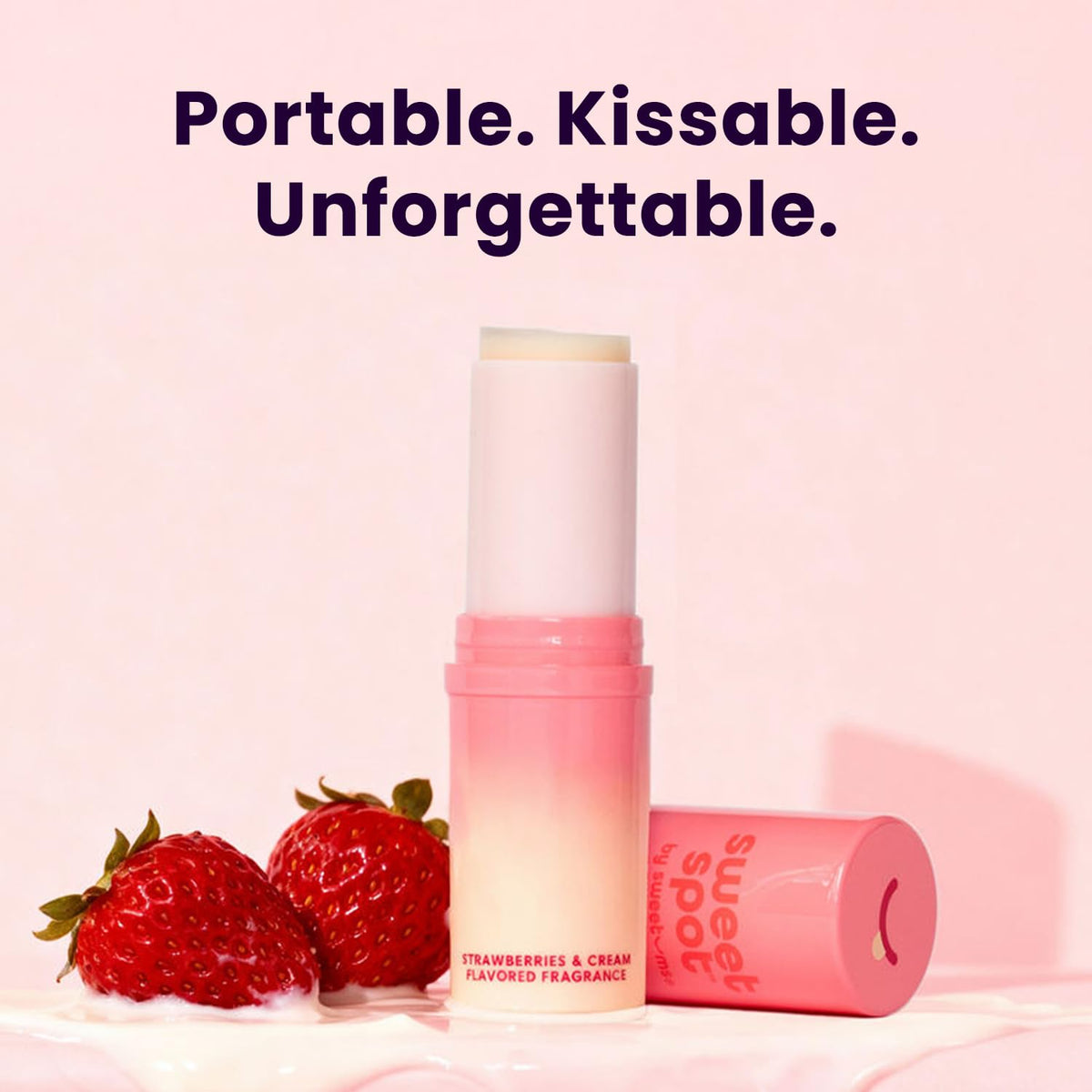Sweetums SweetSpot Strawberries & Cream Perfume Stick with floral background