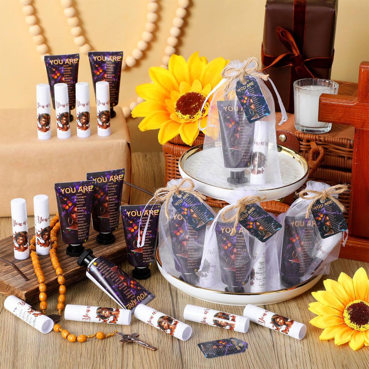 Swiffen hand cream and lip balm packaging with organza bags