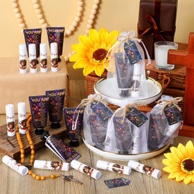 Swiffen hand cream and lip balm packaging with organza bags
