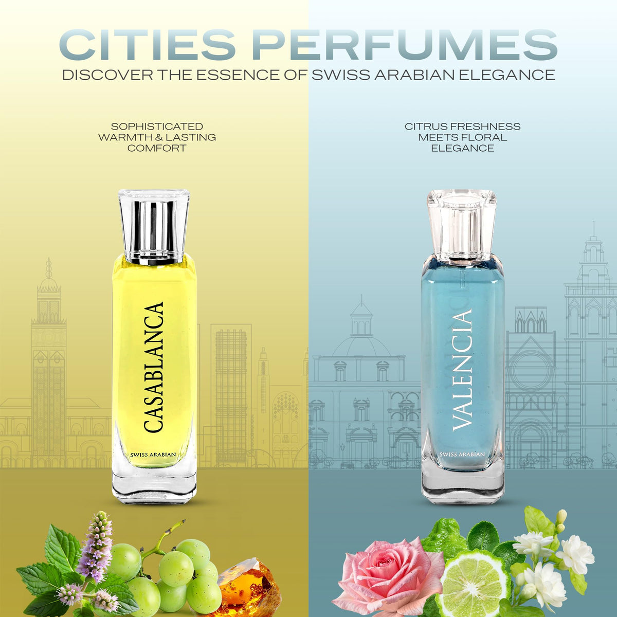 Swiss Arabian Casablanca Eau de Parfum with floral background