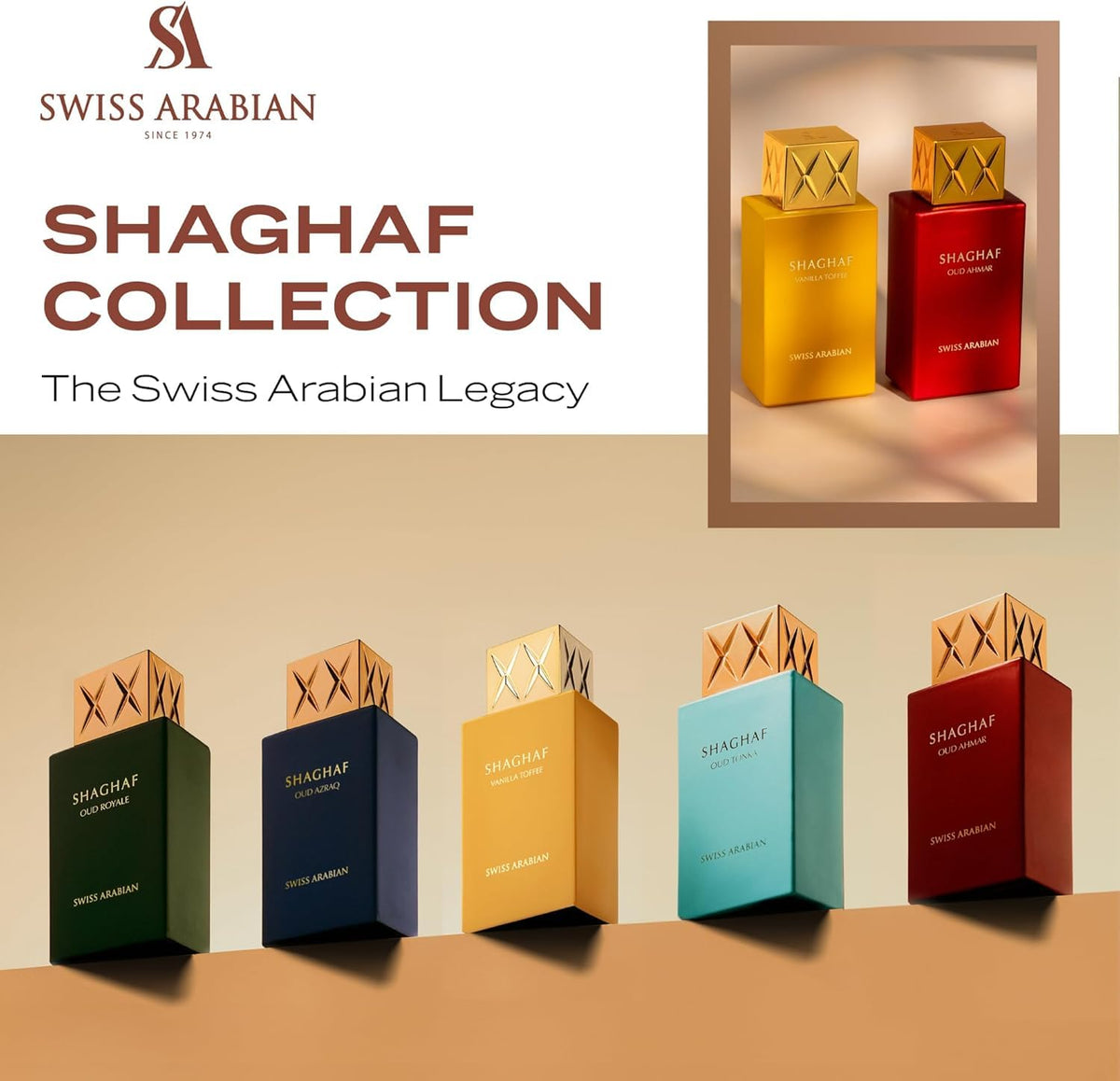 Swiss Arabian Shaghaf Oud Ahmar bottle with floral background