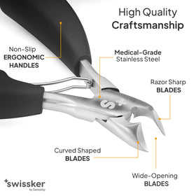 Swissklip toenail clippers displayed on a wooden surface
