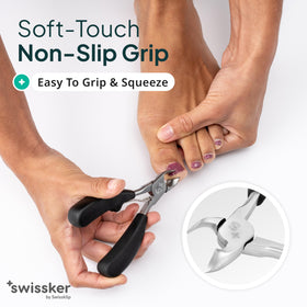 Swissklip toenail clippers in hand demonstrating ergonomic grip