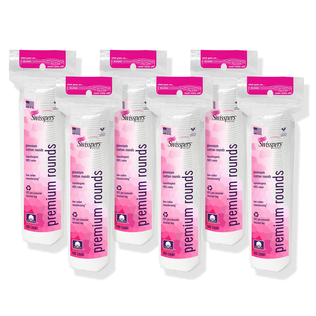 Swisspers Premium Cotton Rounds pack front view with dual-sided design