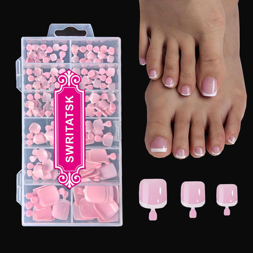 SWRITATSK Press on Toe Nails pink French tip design front view