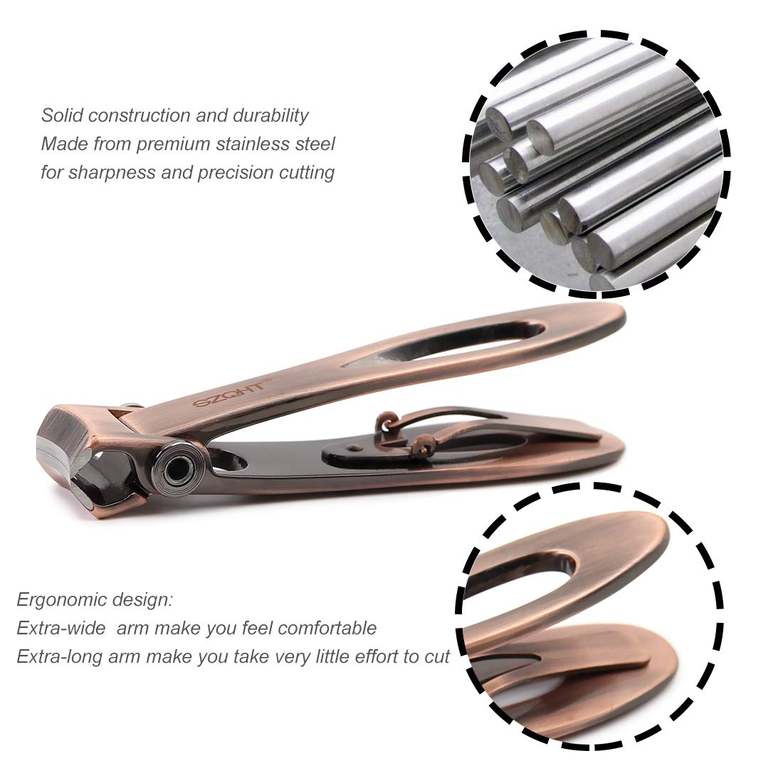 SZQHT nail clippers showing wide jaw opening for thick nails
