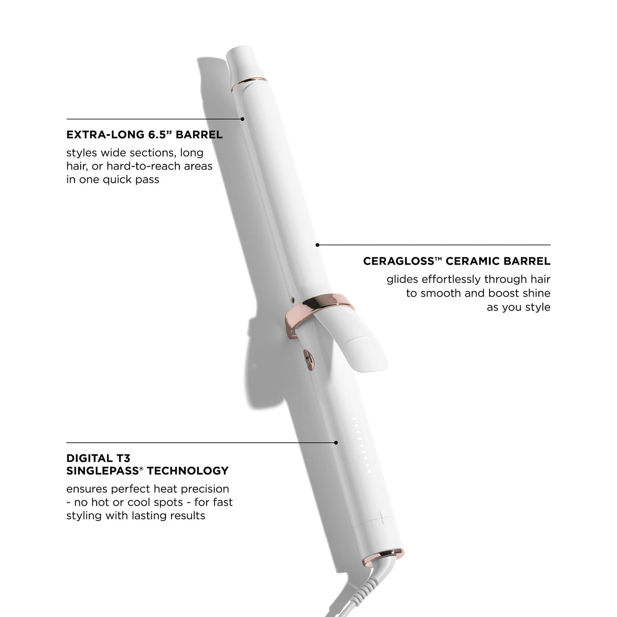 T3 SinglePass Curl X 1" curling iron with ProGlide clip close-up